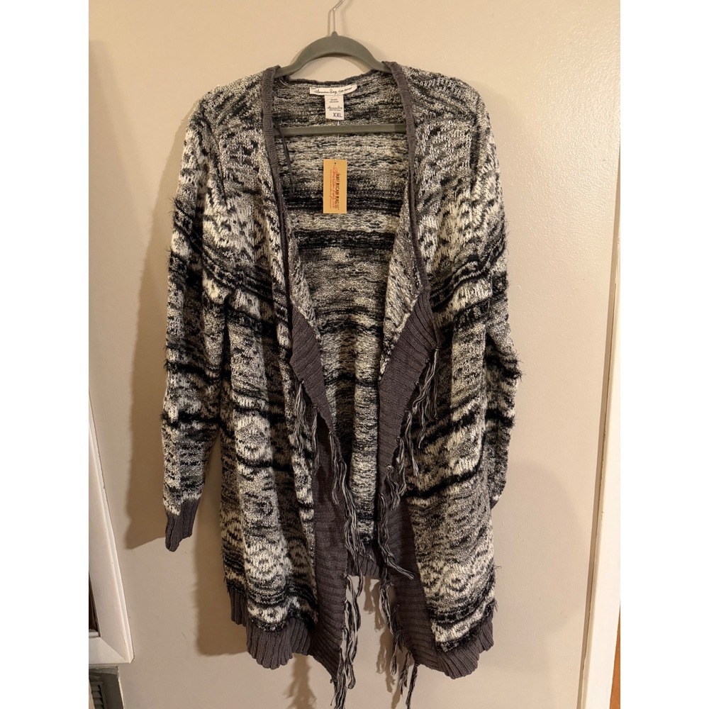 American Rag Womens XXL Open Front Fringe Cardigan Sweater Grey Fair Isle Wool
